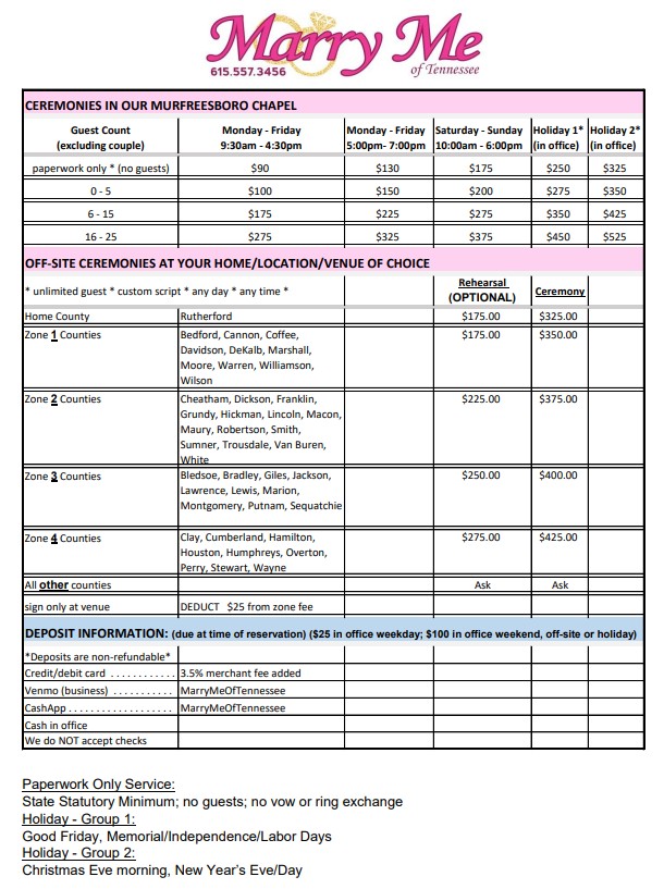 Pricing List