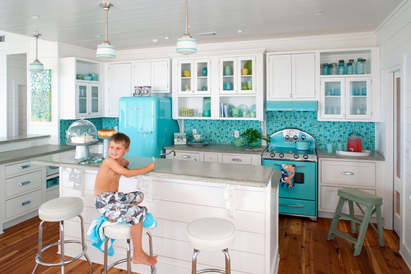 Georgia Beach House with retro teal kitchen appliances