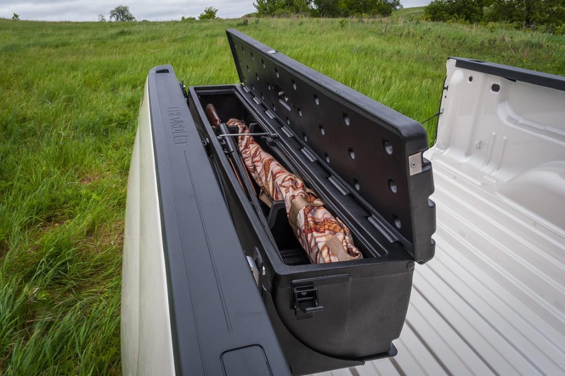 Truck bed with a toolbox installed.