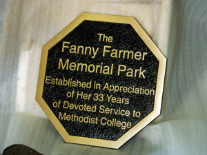 A commemorative plaque for the Fanny Farmer Memorial Park.