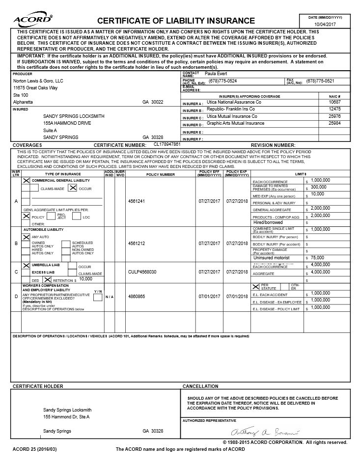 certificate of liability insurance document