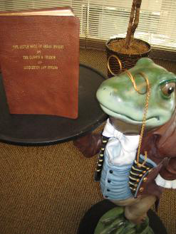 The Frog Butler in our waiting room holding The Little Book of Great Wisdom.