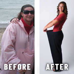 Before-and-after weight loss photos of a woman, showing her loose jeans in the second photo.