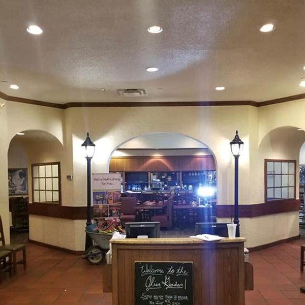 The welcome desk of a local Olive Garden restaurant after being painted