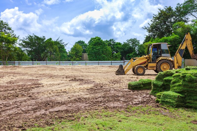 A backhoe sits next to a cleared lot