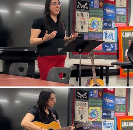 Stephanie Syphus speaking in front of a music stand. Second photo showing her playing guitar.