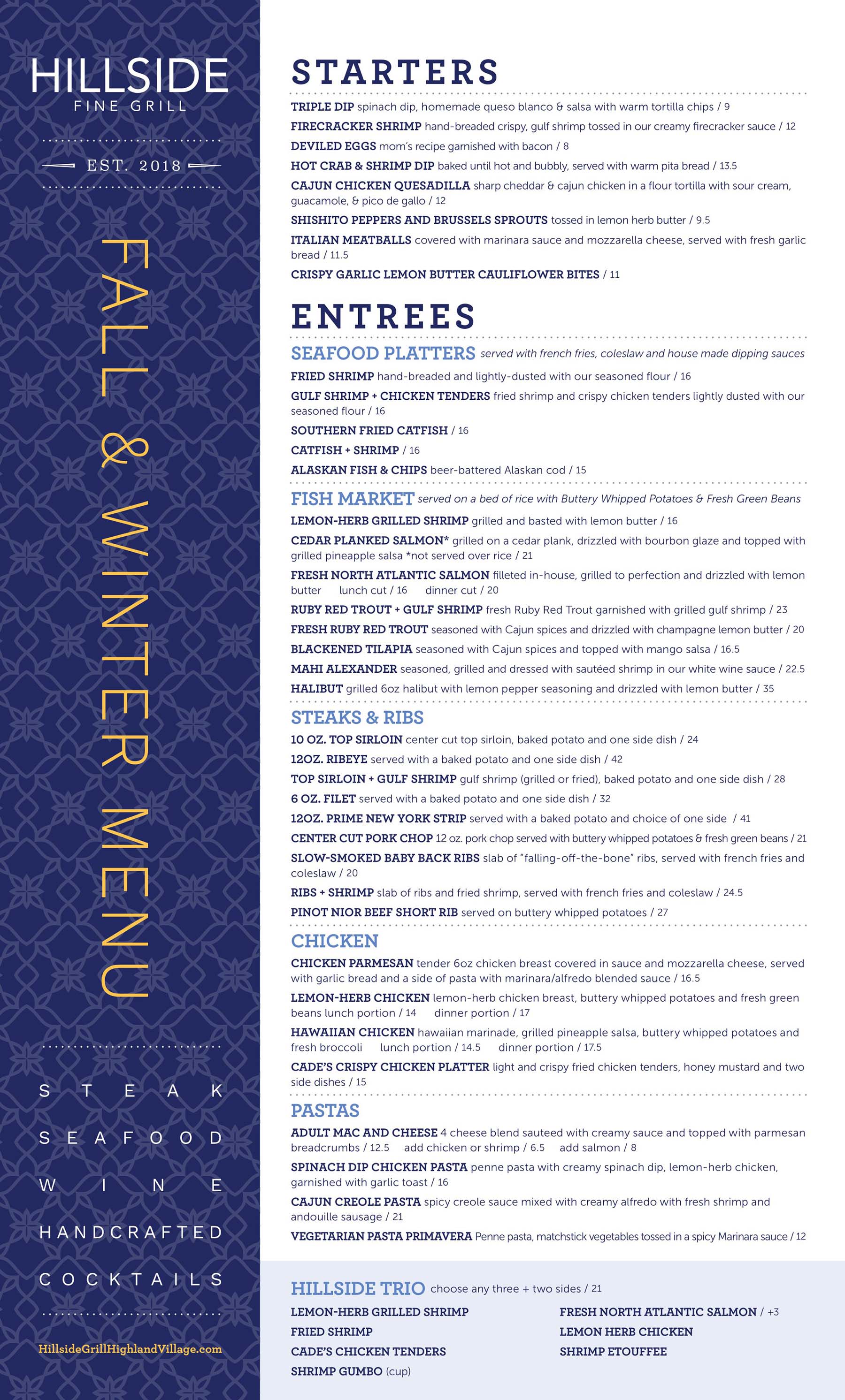 Hillside Fine Grill starters and entrée menu