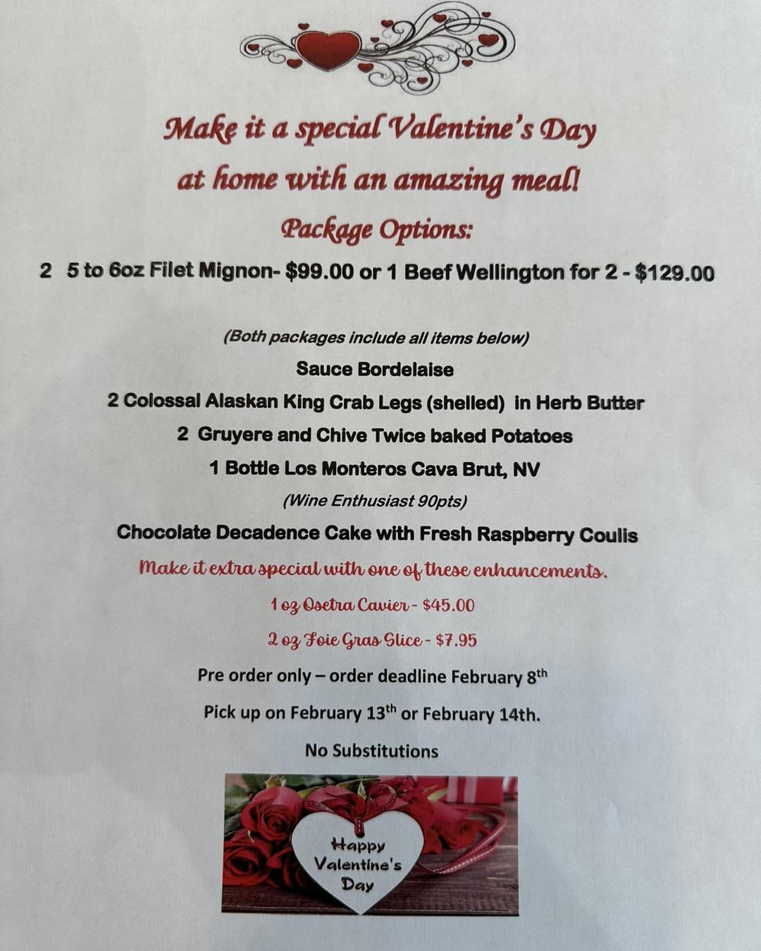 Happy February! Start planning your Valentines dinner with this great package.