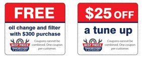 Free oil change and filter with $300 purchase; $25 off a tune up