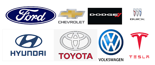 Auto brand logos for Ford, Chevrolet, Dodge, Buick, Hyundai, Toyota, Volkswagen, and Tesla.