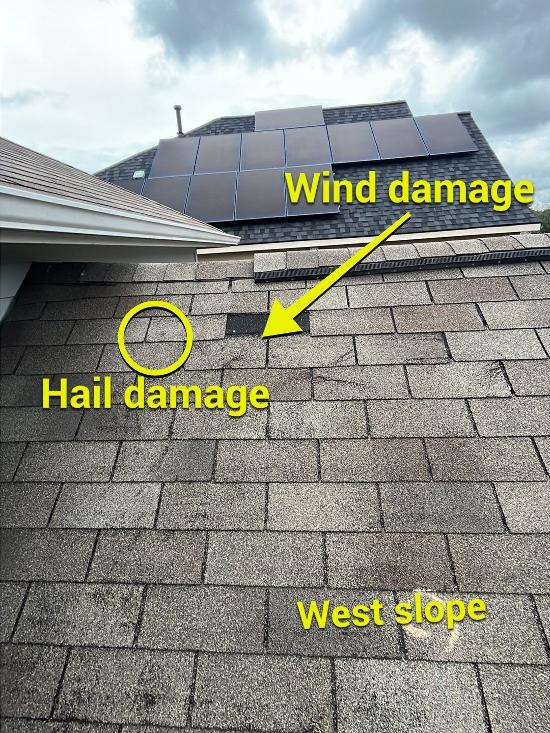 Damaged roof from wind, hail and storms