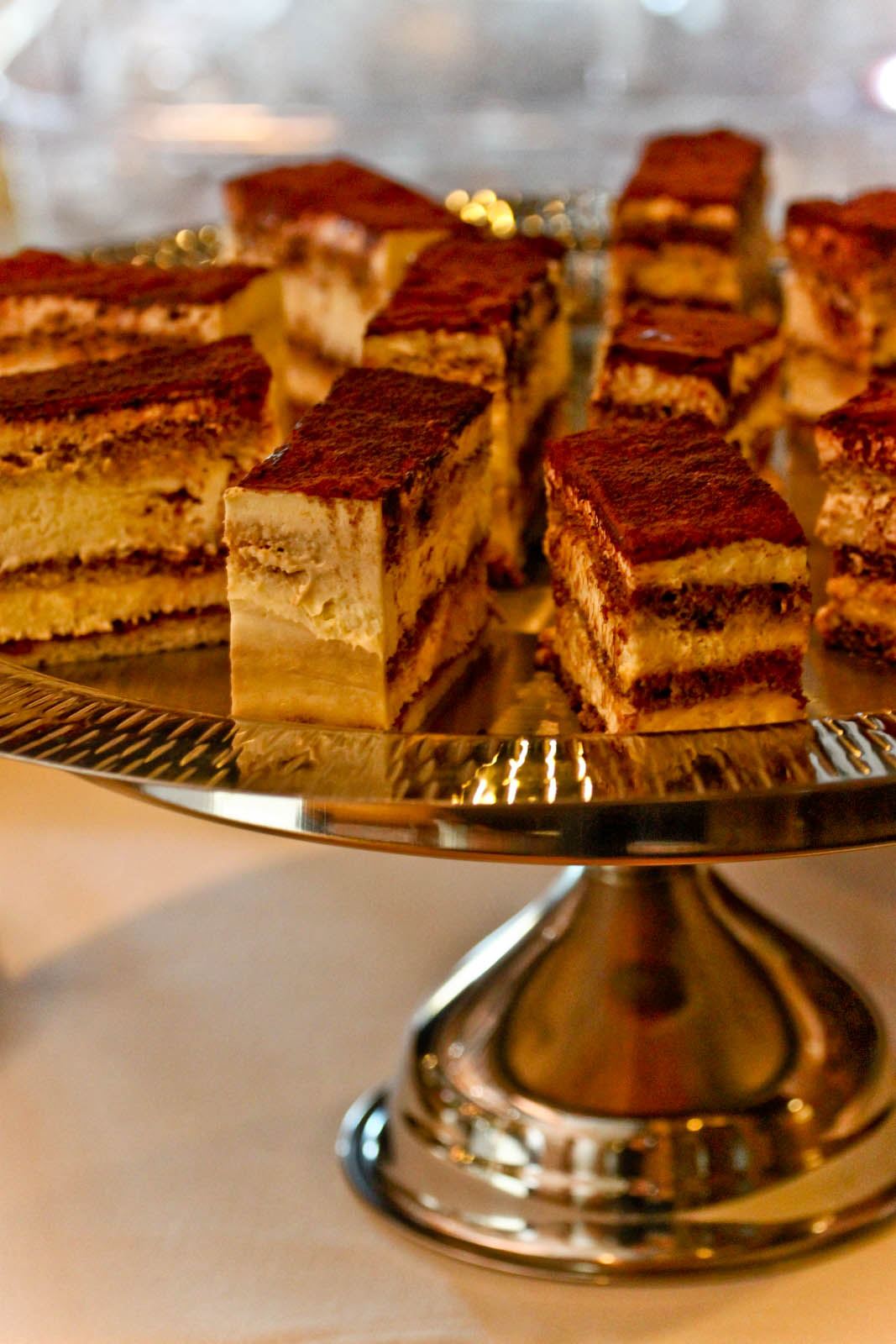 Close-up of desserts on a metal tray