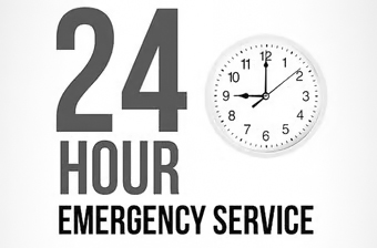 24 hour emergency service sign with a clock