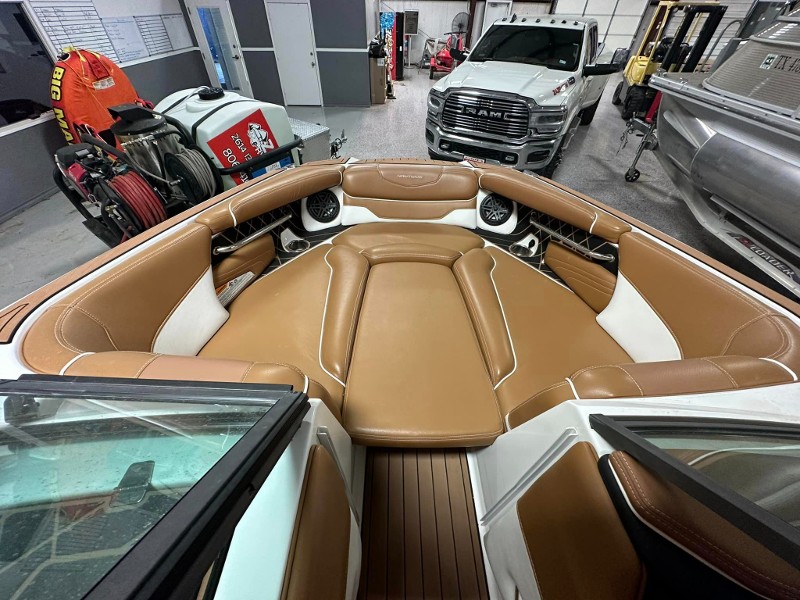 The freshly detailed interior of a motorboat.