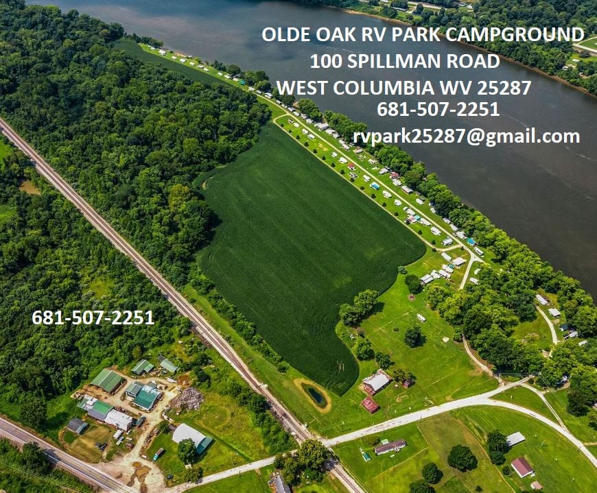 An overhead view of Olde Oak RV Park and Campground.