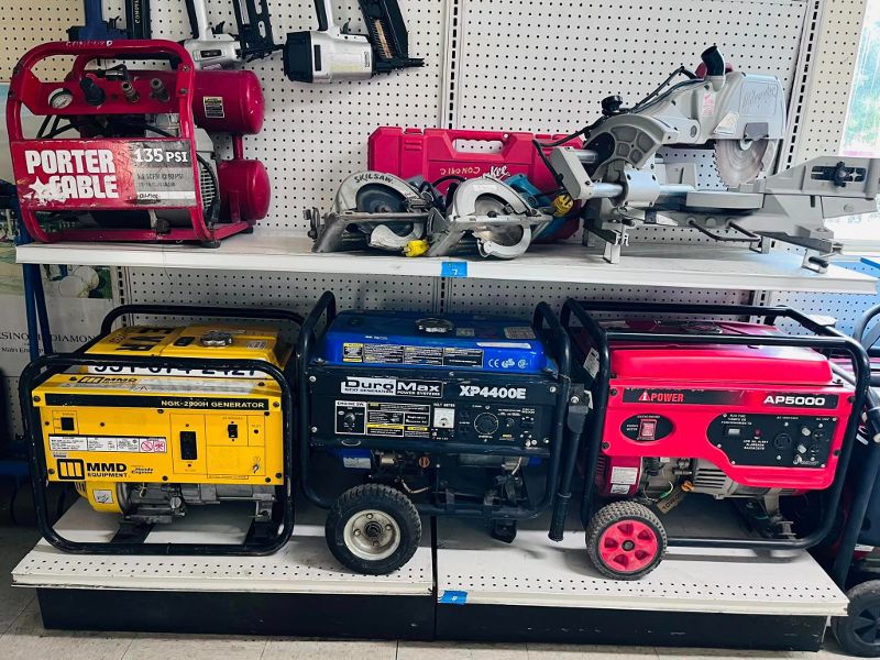 Equipment rentals on a shelf.