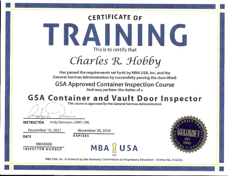 GSA Certified Container and Vault Door Inspector certificate of training