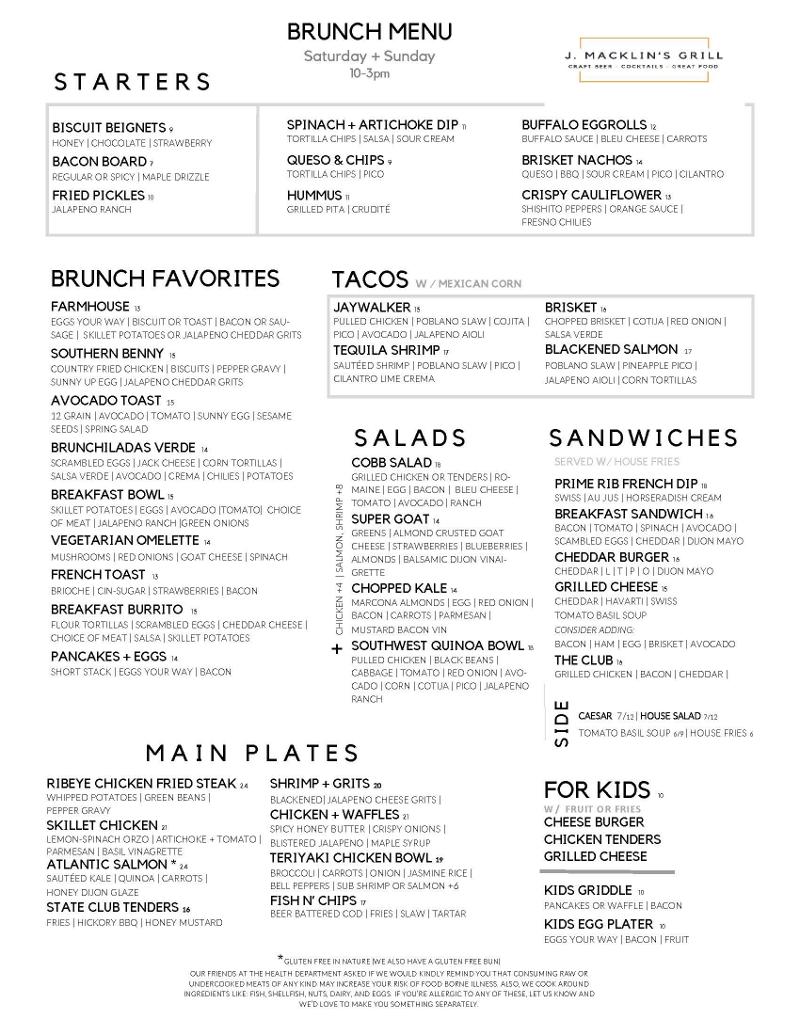 brunch menu for Saturday & Sunday 10 a.m. to 3 p.m.