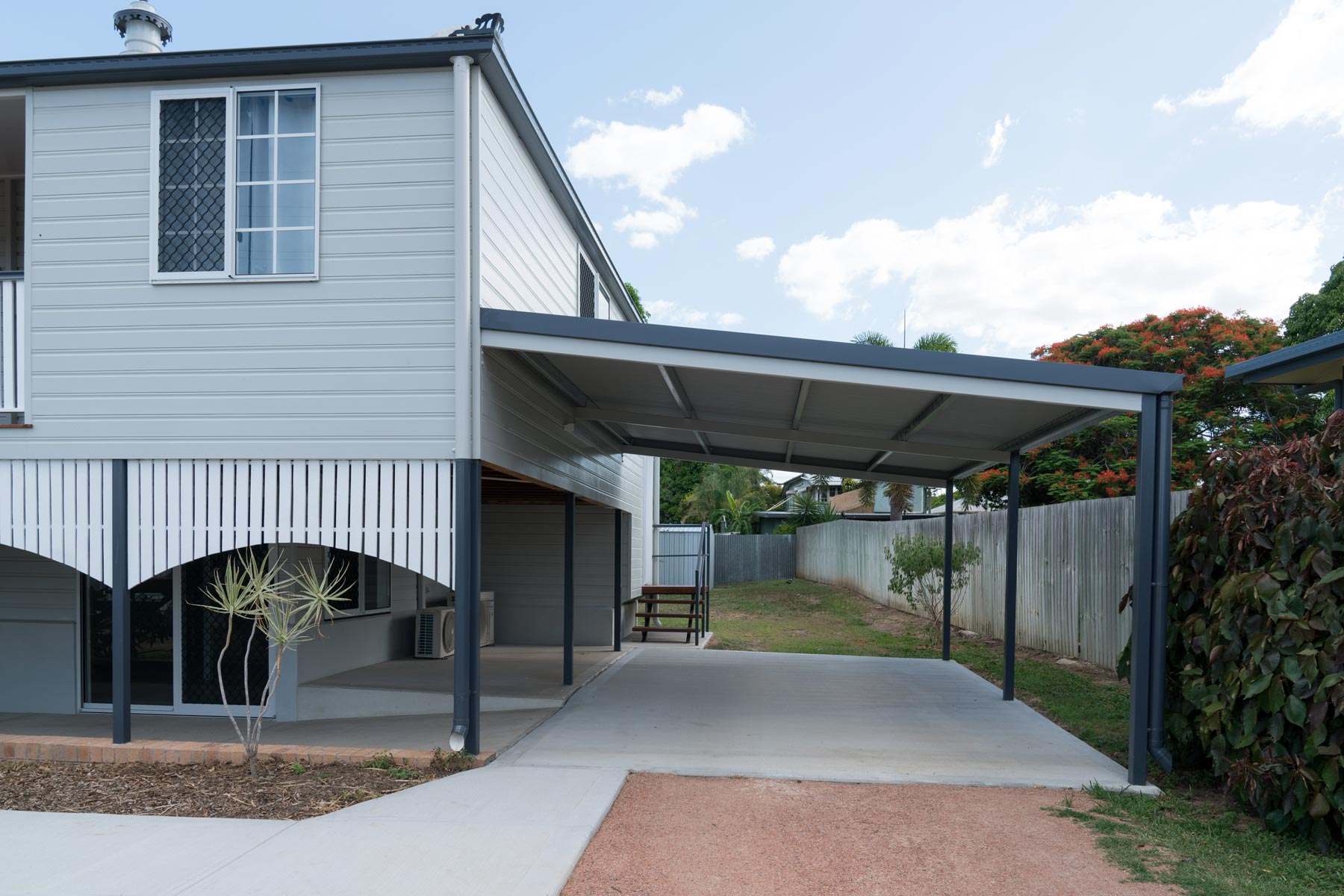 A carport with a metal roof
