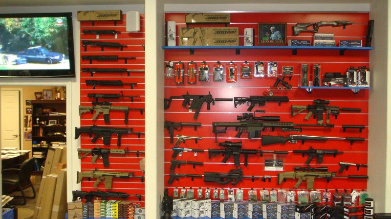 A display rack of rifles.
