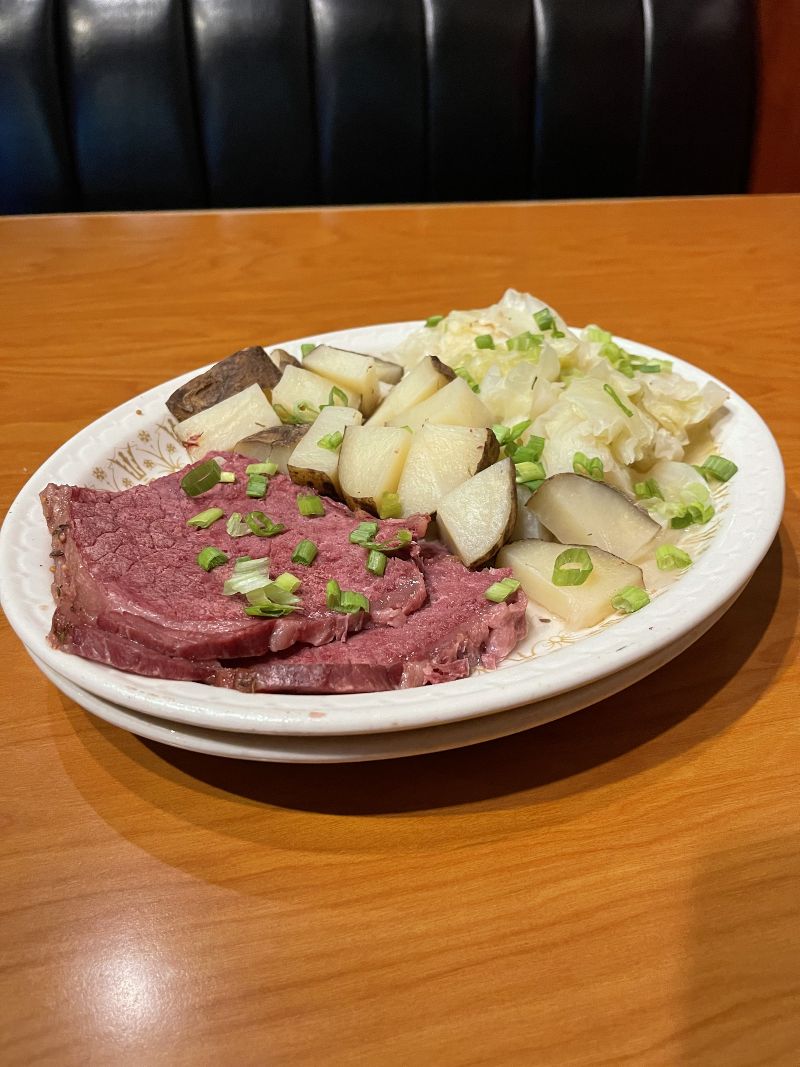 plate of corned beef and potatos