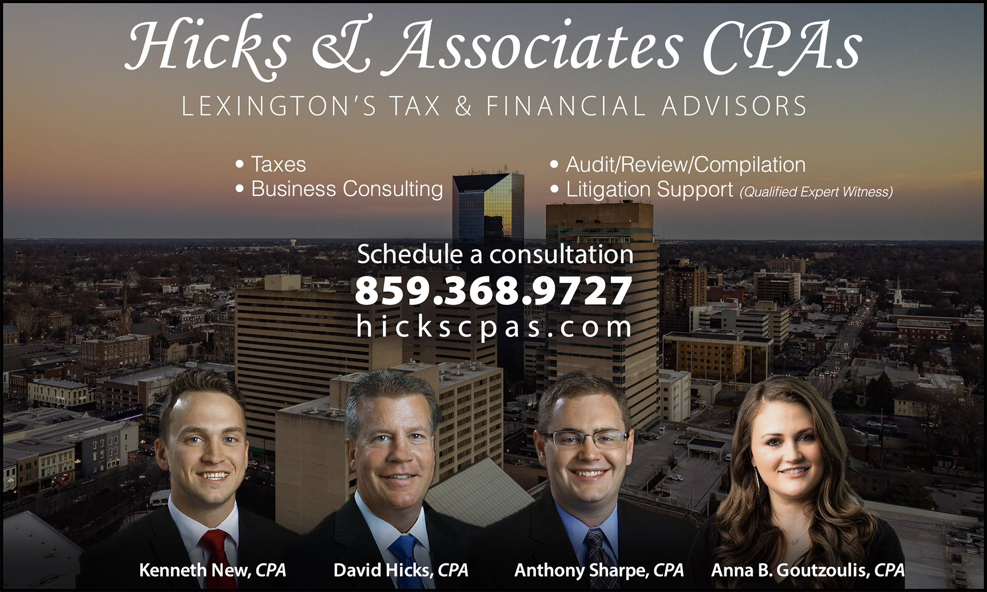 The agents for Hicks & Associates CPAs with a city skyline in the background.