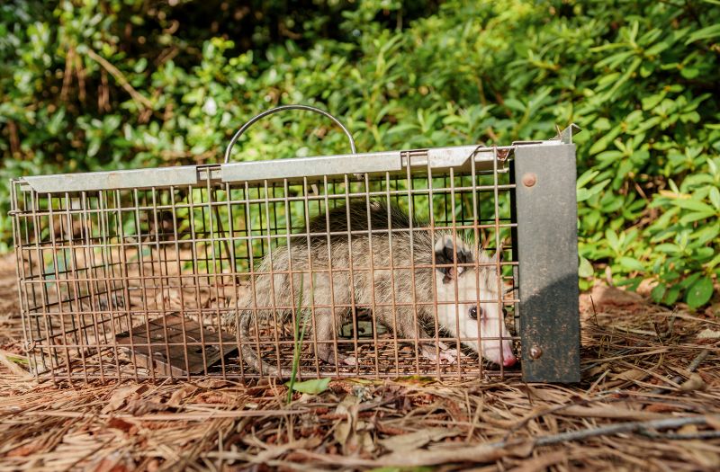 An opossum in a live trap.