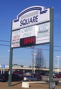 Large outdoor signage for Showroom Square with an LED message screen.