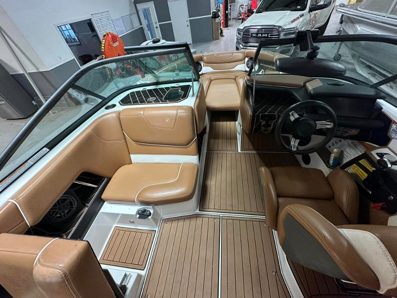 The freshly detailed interior of a motorboat.