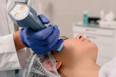 Woman closes her eyes as she gets a microneedling treatment.