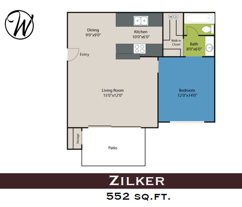 A one-bedroom apartment floor plan