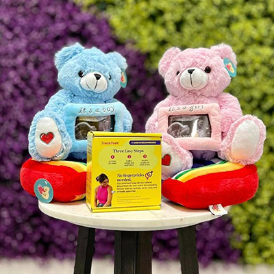 Pink and blue teddy bears site on a table awaiting gender announcements