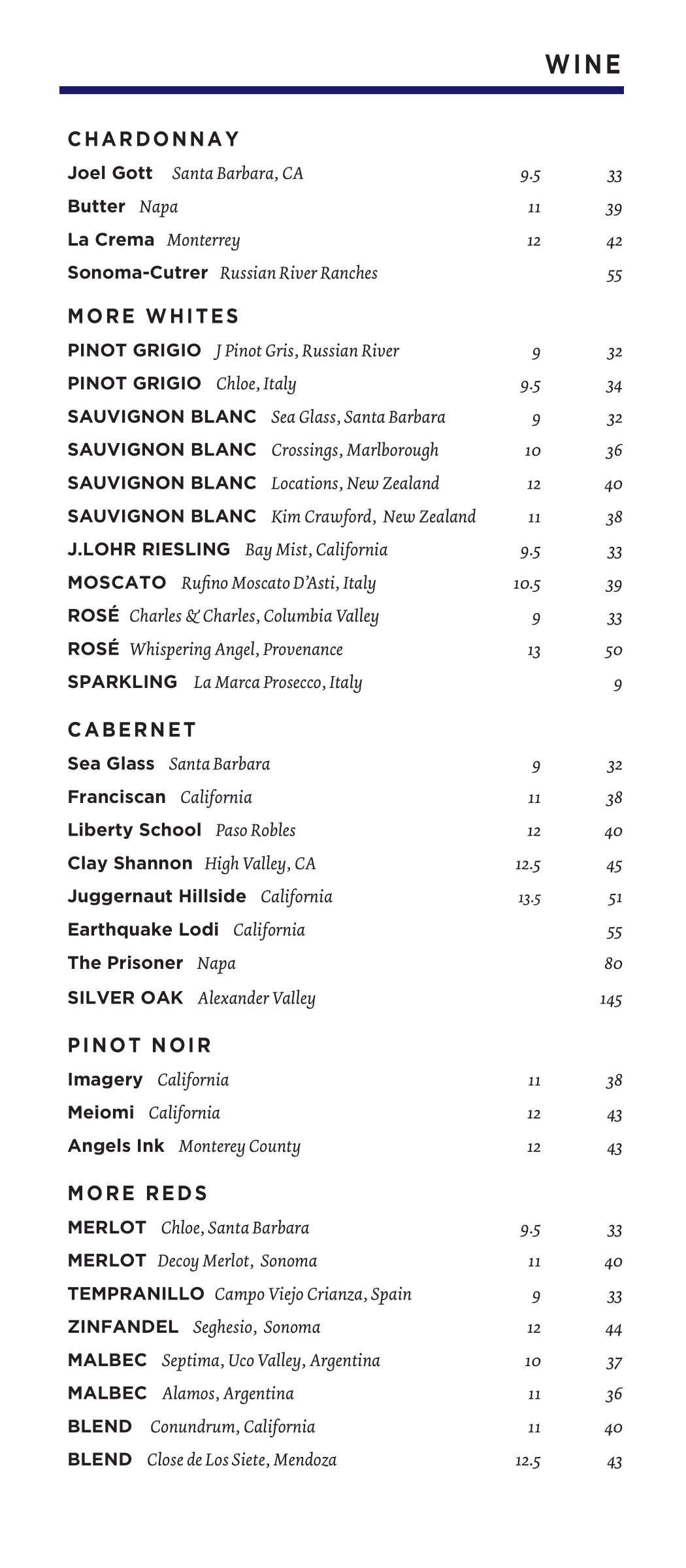 Hillside Fine Grill's wine list