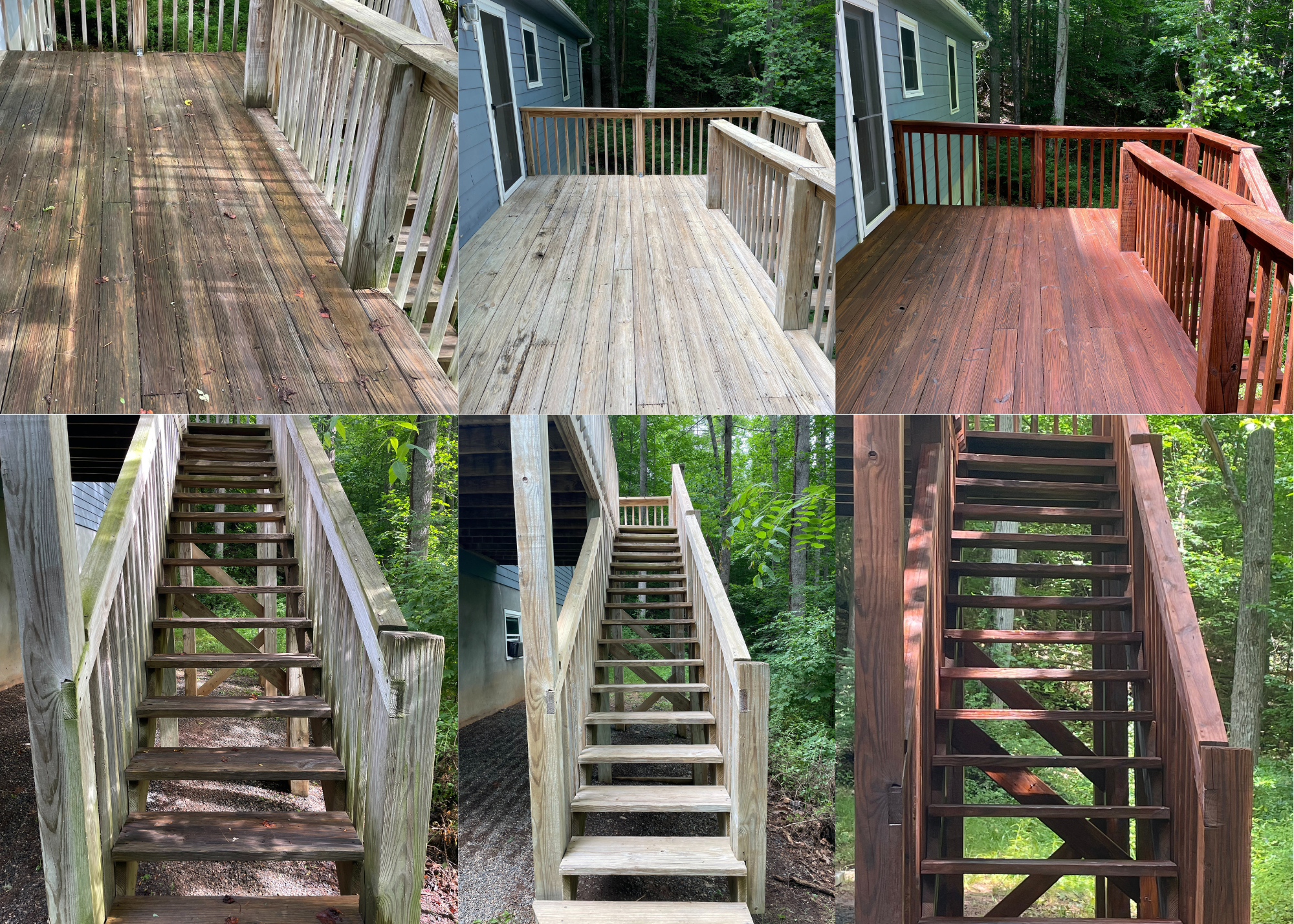 Collage of before-and-after photos of a deck wood staining project.