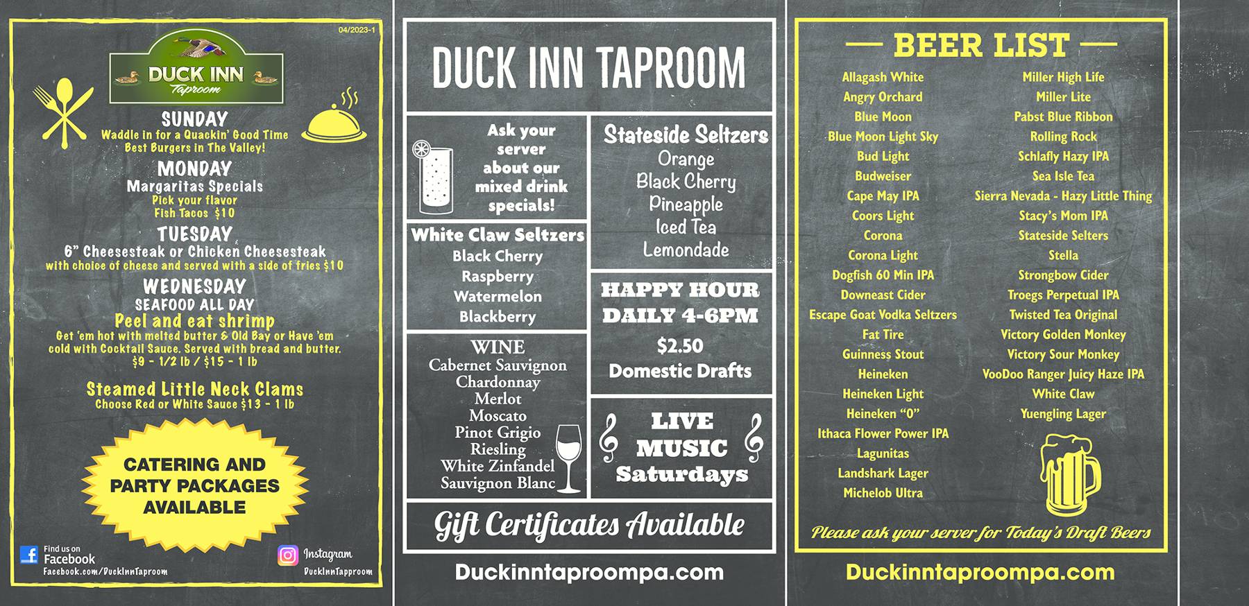 Duck Inn Taproom's specials, wine list, beer list, and list of seltzers.