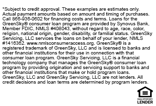 Financing for the GreenSky® consumer loan program is provided by Equal Opportunity Lenders. GreenSky® is a registered trademark of GreenSky, LLC, a subsidiary of Goldman Sachs Bank USA. NMLS #1416362. Loans originated by Goldman Sachs are issued by Goldman Sachs Bank USA, Salt Lake City Branch. NMLS #208156.