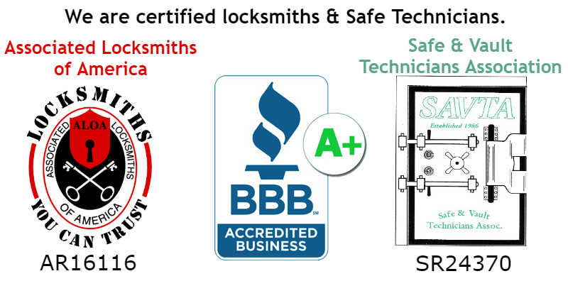 certified icons for locksmiths association, bbb, and safe & vault technicians association