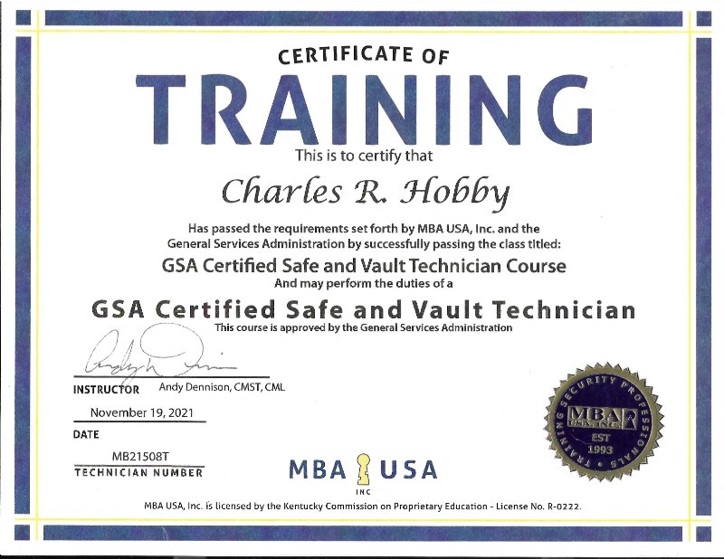 GSA Certified Safe & Vault Technician certificate of training