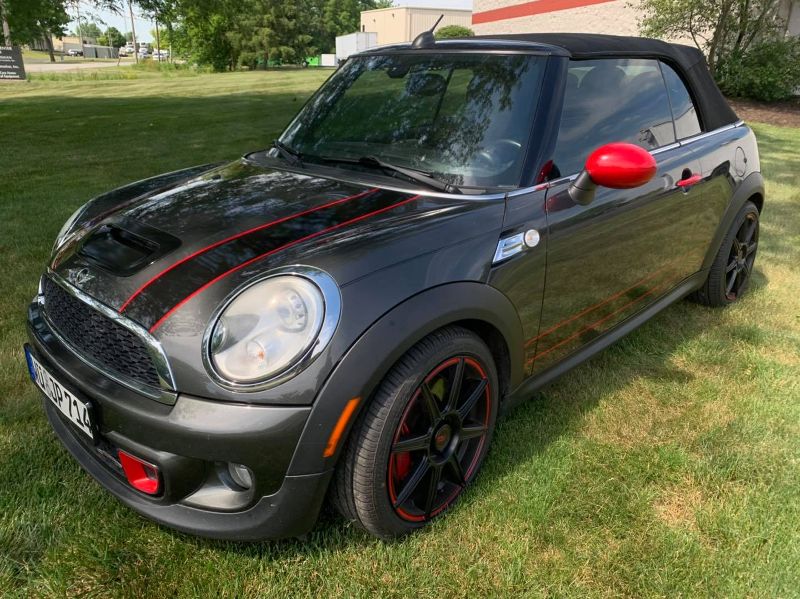 Mini cooper with red and black decals