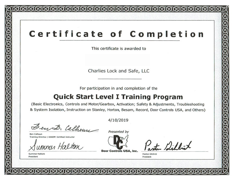 Quick Start Level I Training certificate of completion