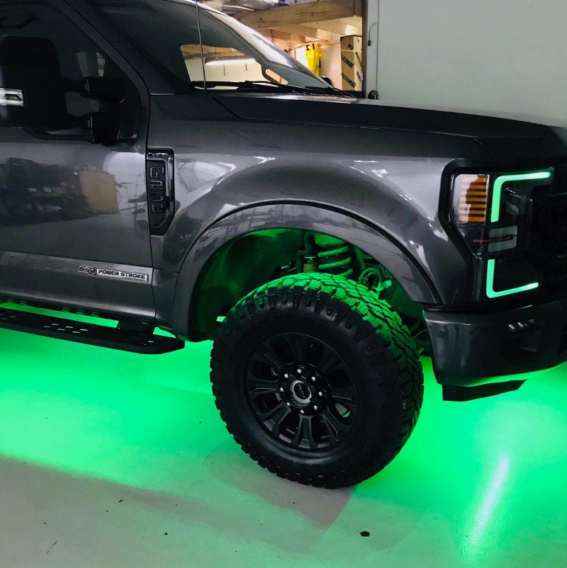 Ford F-250 with undercarriage lighting.