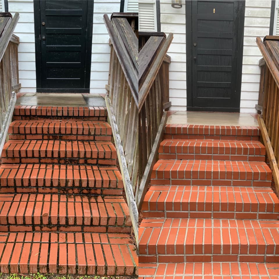 Two photos showing before and after views of pressure washing on a home’s walk-up brick steps.