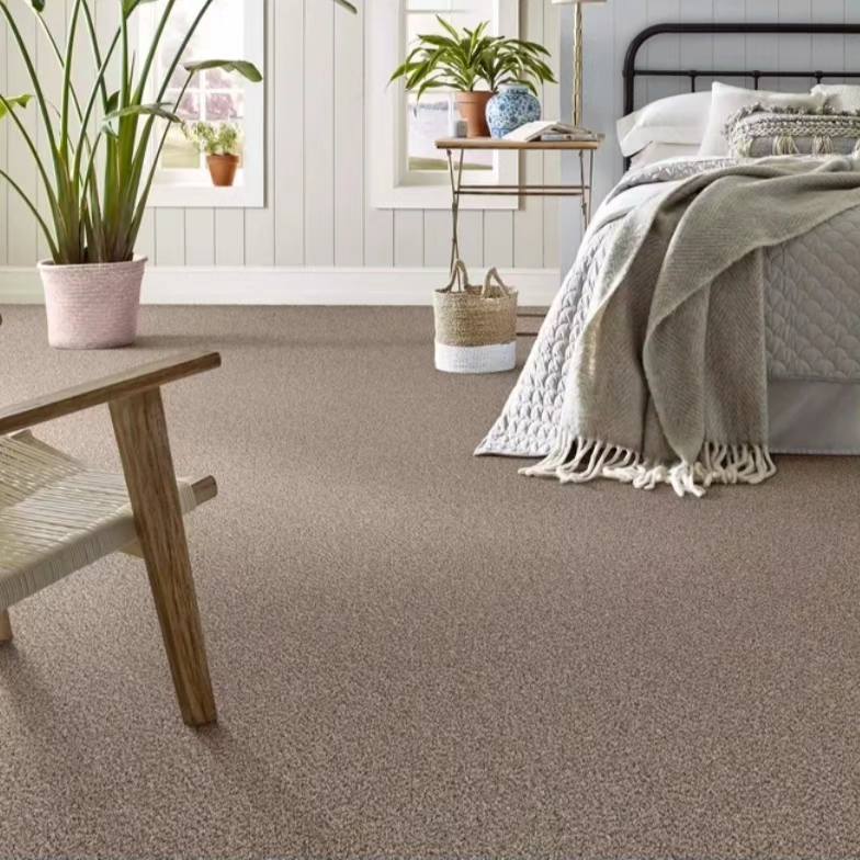 A living room with Berber carpet