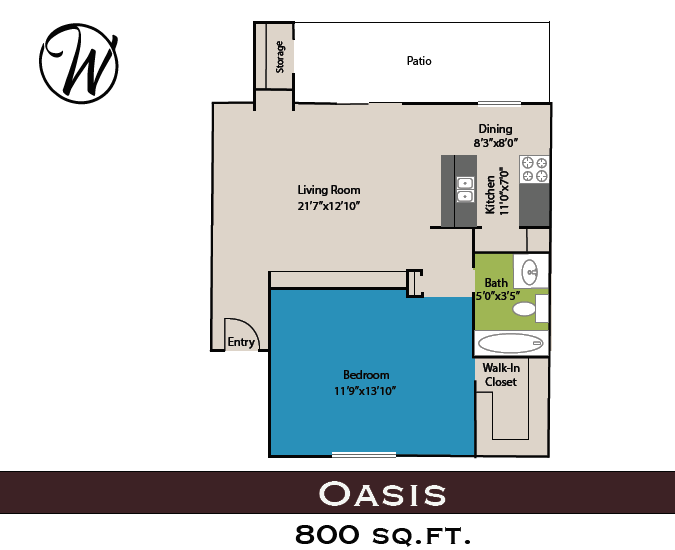 A one-bedroom apartment floor plan