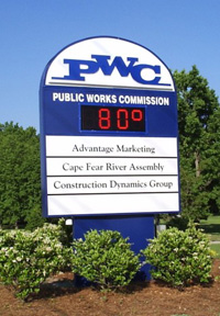 Outdoor signage for Public Works commission with an LED screen for time and temperature.