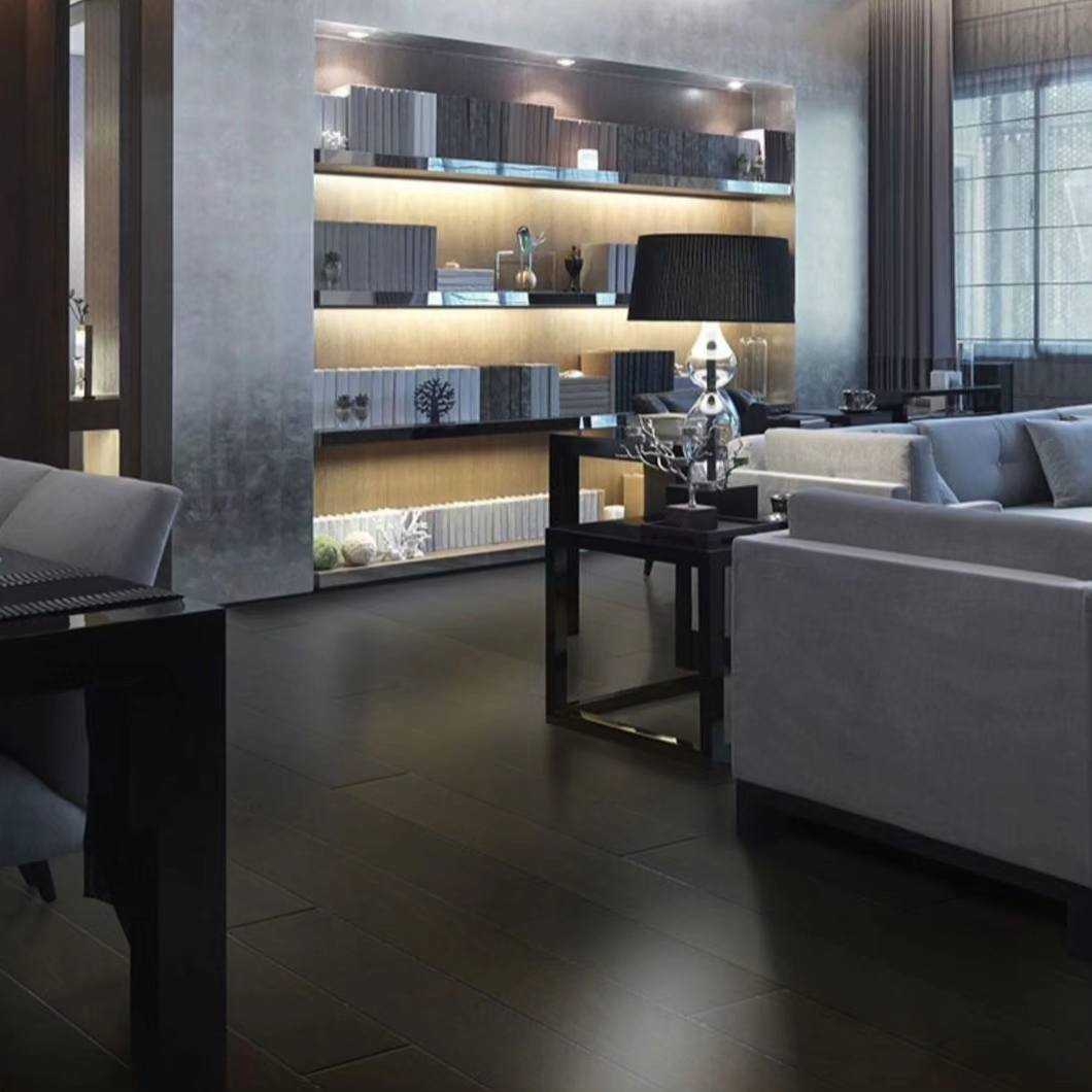 A modern living room with dark wood flooring