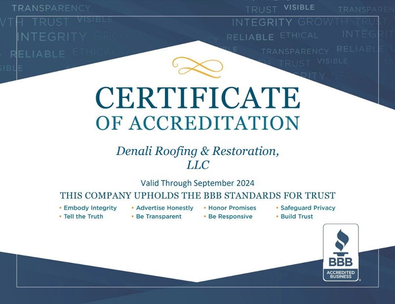 Denali Roofing BBB Certificate of Accreditation