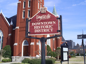Outdoor signage for Fayetteville Downtown Historic District.
