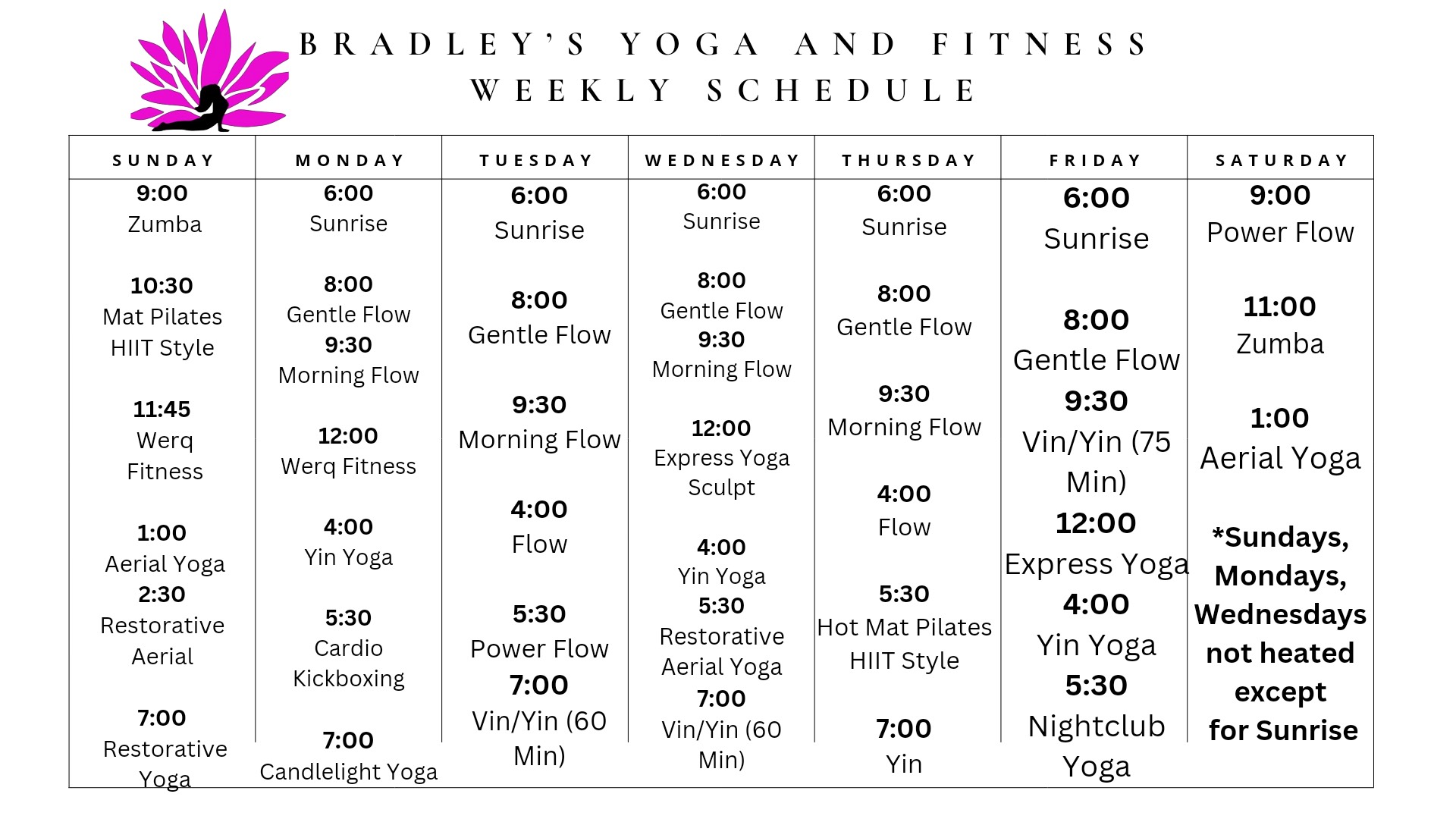 Bradley's Yoga and Fitness Weekly Schedule