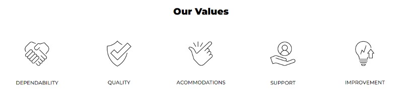 Our Values: Dependability, Quality, Accommodations, Support, Improvement